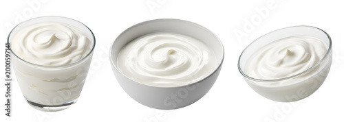 Three white yogurt cups on transparent background