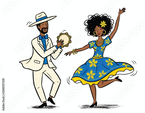 Afro-Latino couple dancing and playing tambourine in vibrant blue and yellow outfits isolated on white.