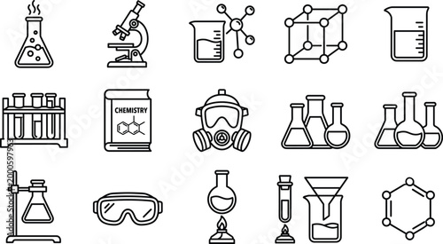 Set of professional science and chemistry line icons featuring laboratory equipment research tools and safety gearSet of professional science and chemistry line icons 