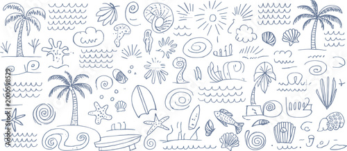 Blue doodle of beach and ocean on white background palm tree surfboard