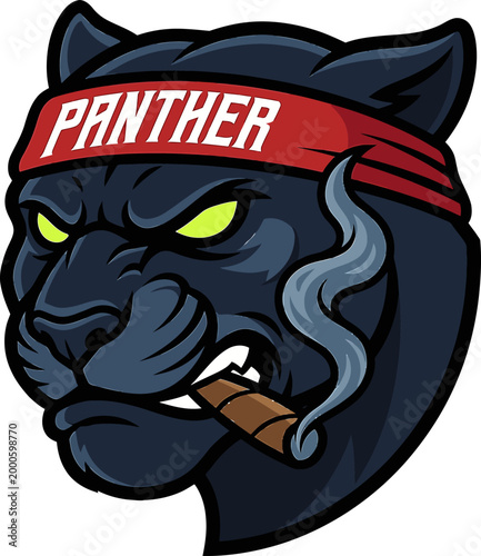 Fierce black panther mascot with a red headband smoking a cigar illustration