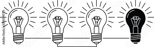 Minimalist black-and-white illustration of four connected light bulbs in circuit design, showing illuminated and non-working components to represent electrical connectivity