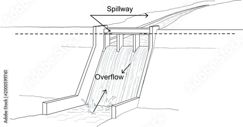 This detailed line drawing illustrates the essential components and function of a dam spillway, showing water overflowing through its gates for controlled release.