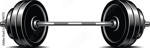 Detailed black-and-white illustration of barbell with multiple weight plates, symbolizing strength training, bodybuilding, fitness, and physical power