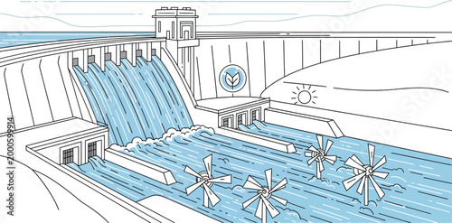 An artistic depiction of a hydroelectric dam with water flowing through spillways and turbines generating clean energy for a sustainable future.