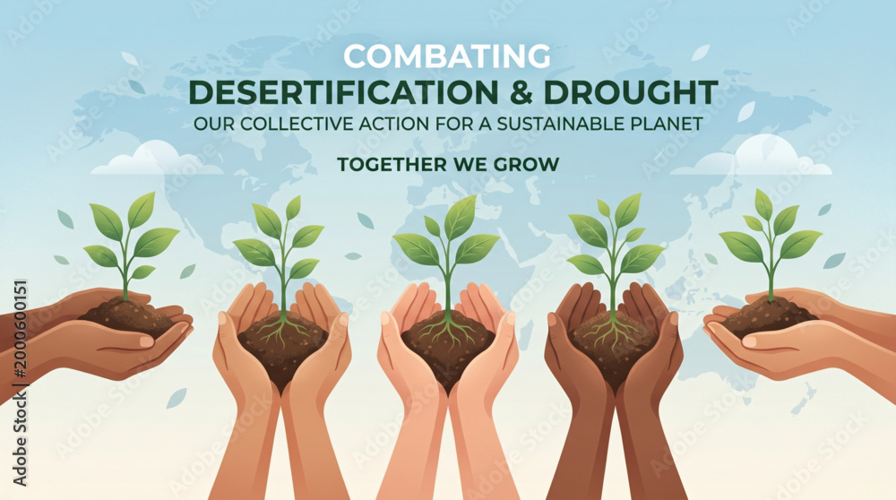 Fototapeta premium Combating desertification and drought with hands holding plants showing sustainability action and environmental care concept for global awareness campaign design