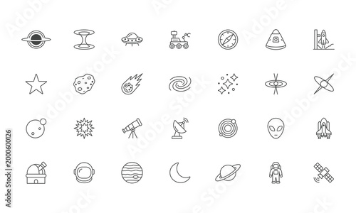 Collection of Celestial and Space Exploration Outline Icons Representing Astronomy