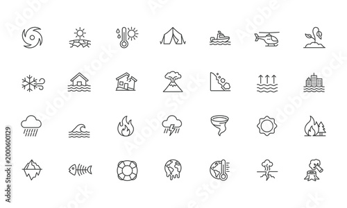 Collection of Conceptual Line Art Icons Illustrating the Diverse Impacts of Global Climate Change