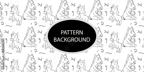 Variant activity simple horse pattern background.  Line minimal fabric for cafe, design menu. Breakfast, lunch, dessert, chocolate sweets