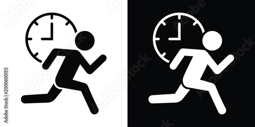 Minimalist icon of a person running in front of a clock. Represents time pressure, meeting deadlines, urgency, and fast-paced schedules. Professional graphic design for digital platforms.