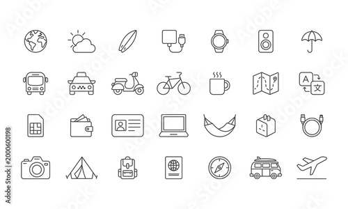 Comprehensive Collection of Thin Line Icons Representing the Digital Nomad Lifestyle and Travel Essentials
