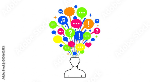 Person with colorful thought bubbles.