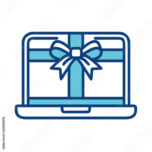 Laptop wrapped in ribbon, festive mood, gift concept, minimalistic style
