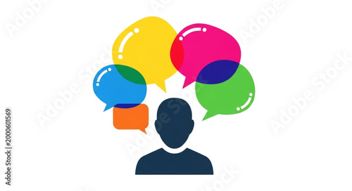 Person Thinking With Colorful Speech Bubbles Above Head.