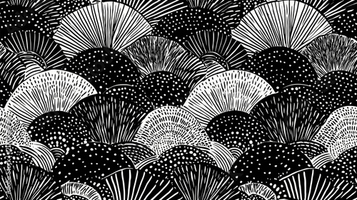 Japanese black and white scallop pattern graphic design. Seamless monochrome scallop graphic pattern creating a stylish fan texture background