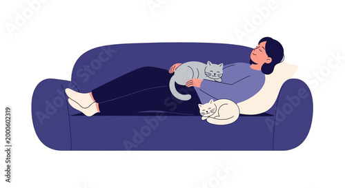 Relaxed woman napping on sofa with two cats