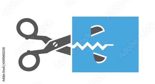 Scissors cutting through a blue paper.