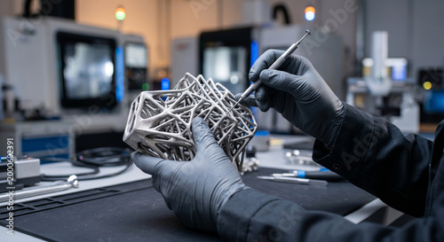 Industrial engineer inspecting complex 3d printed metal lattice structure in precision manufacturing facility.