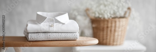 Stack of freshly folded white shirt and gray textured fabric on light wooden surface. Blurred basket of white flower in background, clean home laundry concept