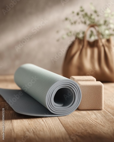 Rolled grey yoga mat and two beige yoga blocks on a light wooden floor. Wellness and fitness concept indoors with natural light