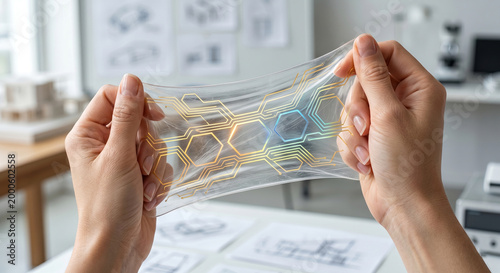 Hands stretching flexible transparent circuit board with golden conductive paths in modern laboratory setting.