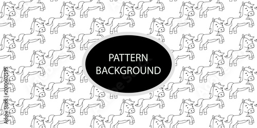 Handrawn popular baby horse activity pattern background.  Line minimal fabric for cafe, design menu. Breakfast, lunch, dessert, chocolate sweets