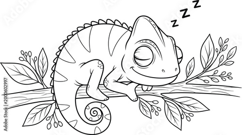 Chameleon on branch coloring page fun animal illustration for kids adults