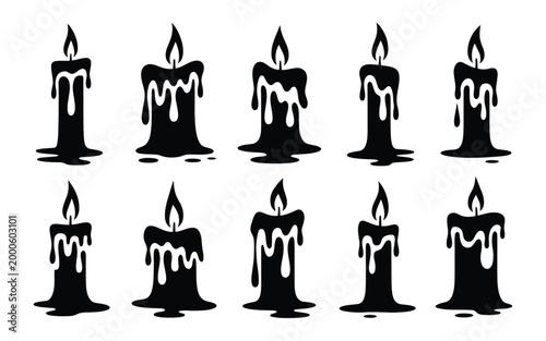 Set of black candle icons with melting wax and flames on white background symbolizing ambiance and decor