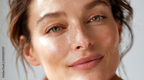 Young woman with natural, radiant skin highlighting wellness, beauty, and healthy lifestyle, feeling refreshed with dewy complexion, skincare routine results