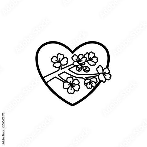 Heart Silhouette with Cherry Blossom Branch Vector Line Art