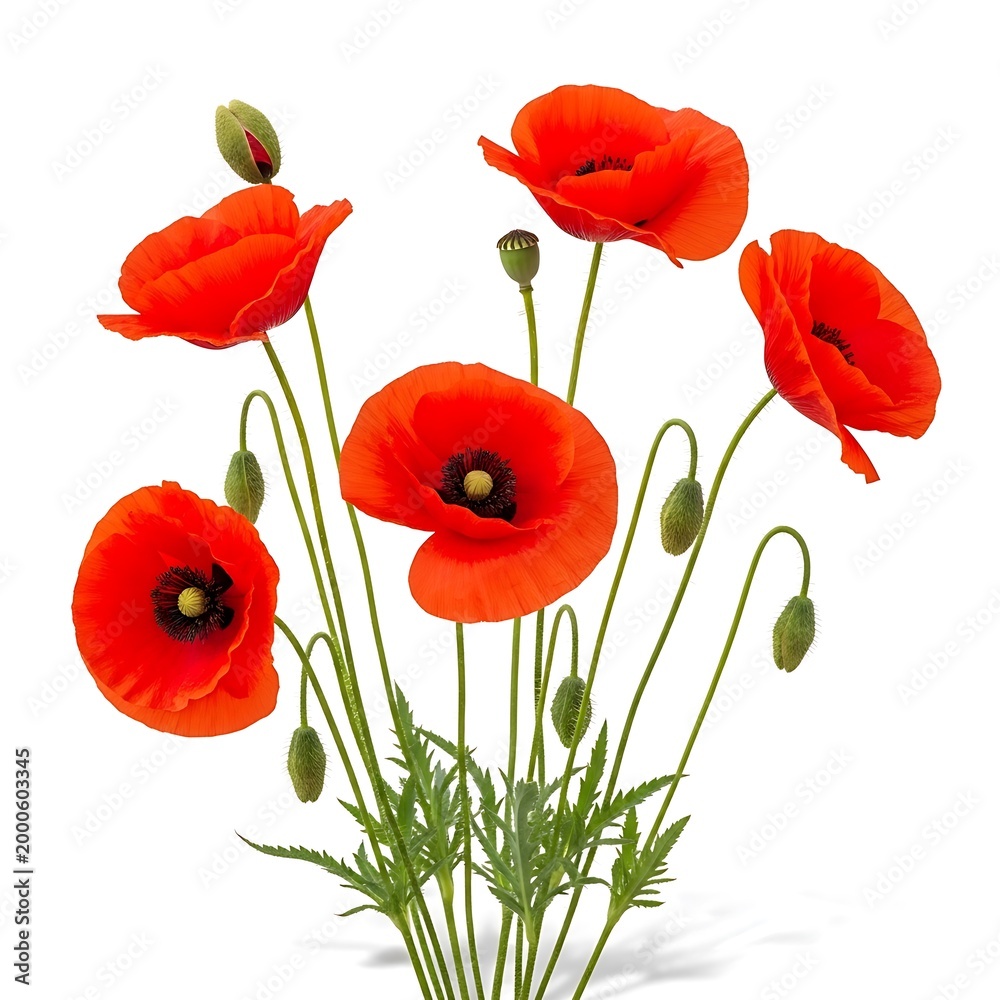 Obraz premium Group of red poppies flowers with buds and green leaves isolated on white background