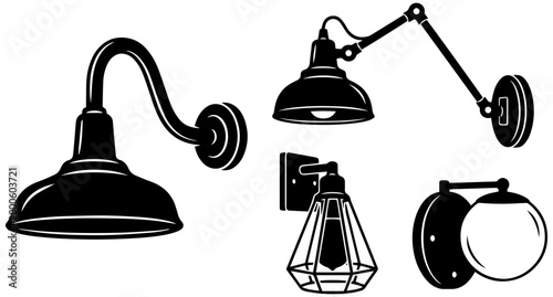Set of four black and white industrial style wall sconces and lamps for interior lighting design