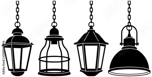 Four distinct vintage and industrial style hanging lanterns with chains provide decorative lighting elements.