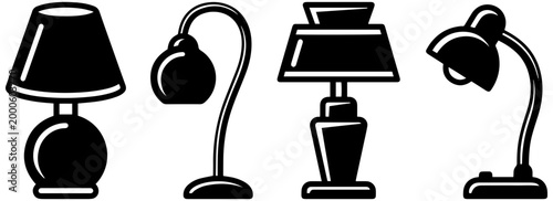 Set of four distinct black and white icons representing desk lamps and table lights