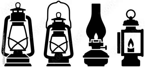 Collection of four distinct silhouette style lanterns including hurricane and oil lamps