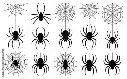 Black spiders and webs on white background creepy halloween symbols arachnid silhouettes scary insect icons