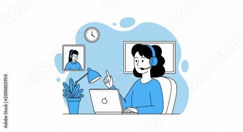 Pro work from home woman use pc mic at desk in office room plant clock