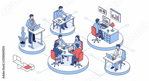 Team work on data at desk for new plan in big flat office room space