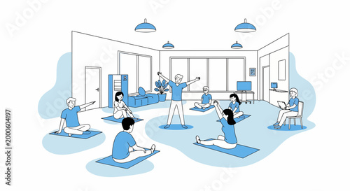 Group of active people practicing yoga during a guided wellness session in a blue modern studio office gym space