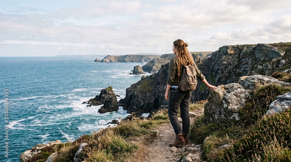 Obraz premium Woman hiker looking at scenic coastal cliffs and ocean waves on a sunny day.