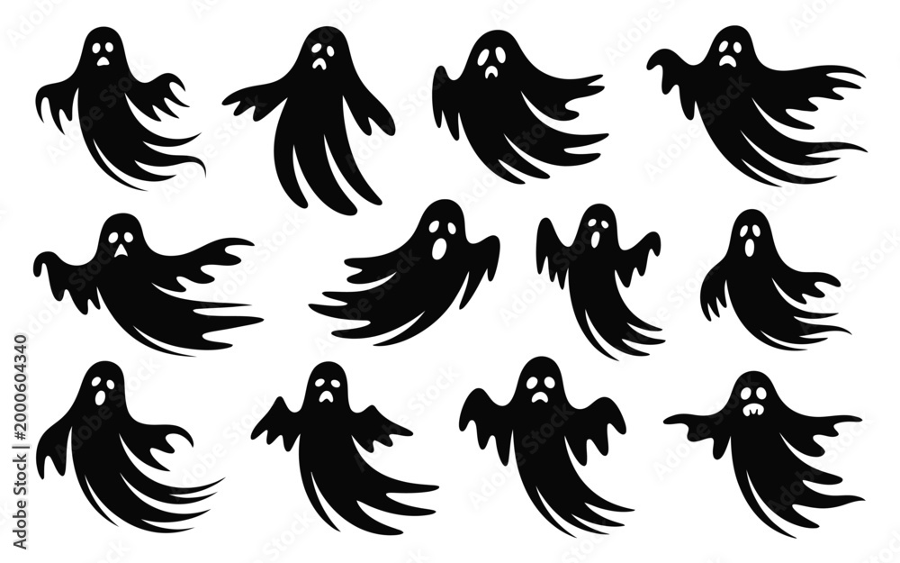 Fototapeta premium Black ghost icons set with spooky faces and flowing robes on white background for halloween design