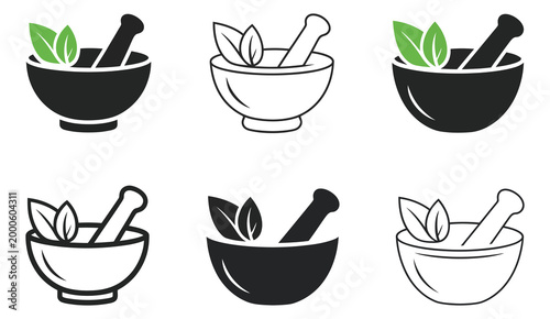 stylized herbal icon set featuring mortar and pestle with leaves for natural remedies and wellness, organic healing concept collection, natural medicine symbols for spa, apothecary branding, health ca