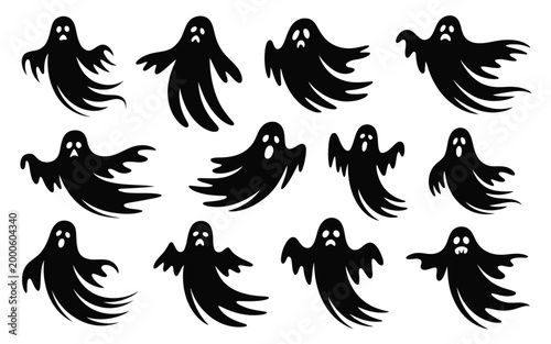 Black ghost icons set with spooky faces and flowing robes on white background for halloween design