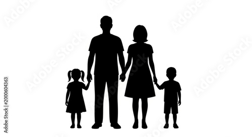 Silhouette of a happy family with two children holding hands.