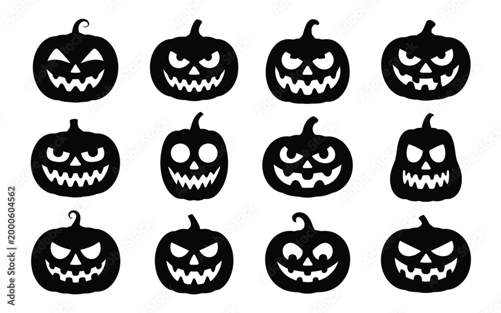 Obraz premium Halloween pumpkins with various spooky faces on white background scary black silhouettes for decoration