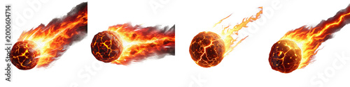 Bild auf Leinwand Set of Four Detailed Flaming Meteorite Icons: Dynamic Fireballs with Glowing Lava Textures, Perfect for Gaming Effects, Space Themes, and Dramatic Motion Graphics