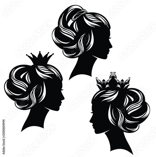 fairy tale princess with fantasy renaissance style hair style and royal crown black and white vector profile head portrait