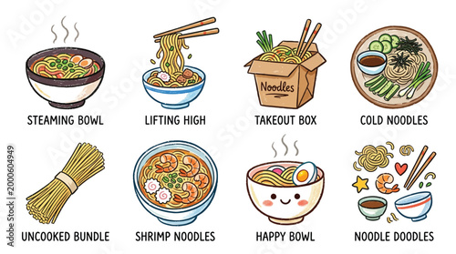 A vibrant collection of eight distinct illustrations showcasing various noodle dishes and preparations, from steaming bowls to takeout boxes and happy faces.