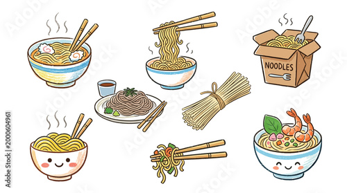 A delightful collection of kawaii-style noodle dishes, showcasing various preparations and presentations of this popular food.