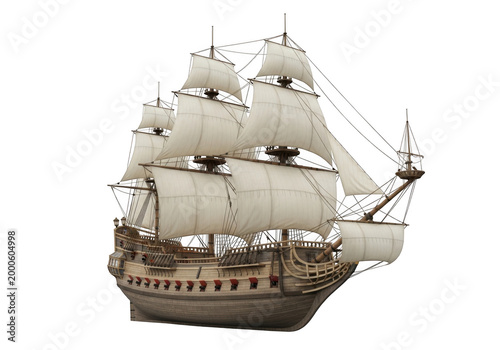 Elegant 18th century three-masted barque ship under sail
